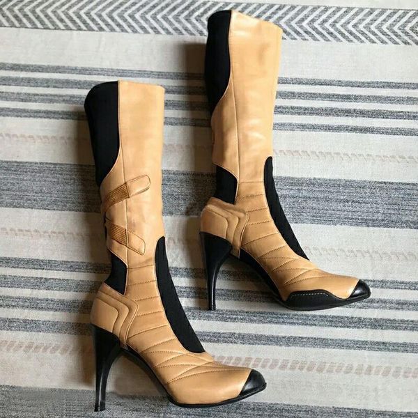 

boots brand shoes embroidery autumn winter elastic microfiber woman knee high heels dress party, Black