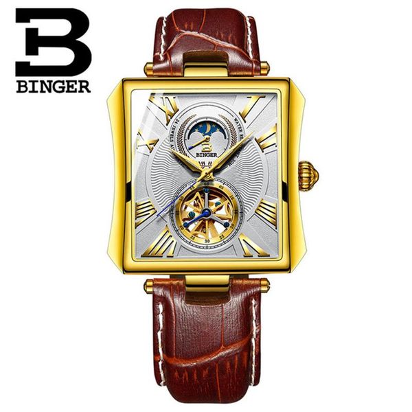 

small cube men watch creative male clock mechanical hollow moon phase display luminous pointer square personality man wristwatch wristwatche, Slivery;brown