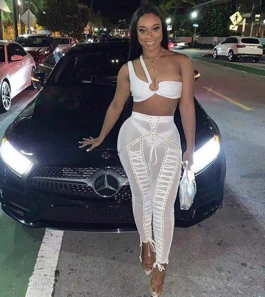 

tracksuits fashion white women's one-shoulder & tpencil trousers 2 two-piece club celebrity party bodycon pants set, Gray