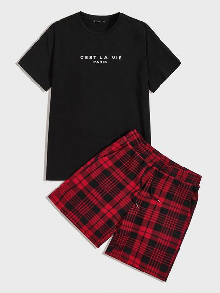 

men slogan graphic & plaid shorts set 01jn#, Gray