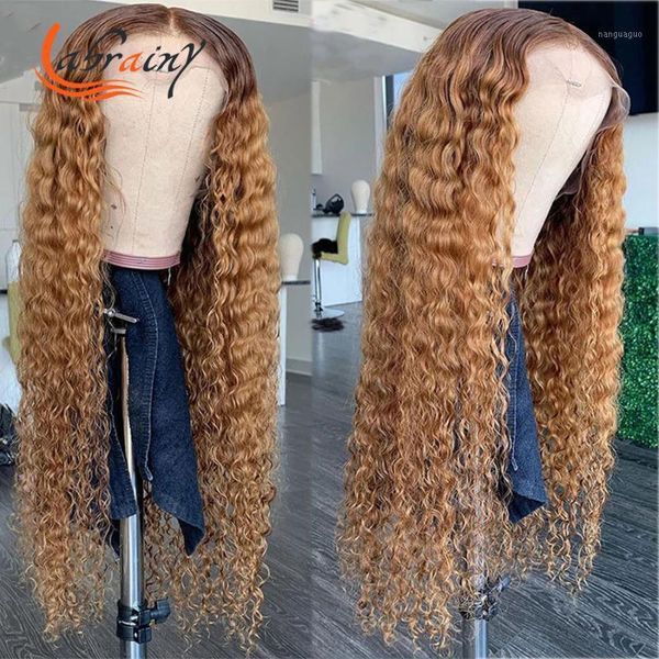

transparent ombre honey blonde human hair wigs highlight brown kinky curly remy wig pre plucked bleached knots 13x1+4x11, Black;brown
