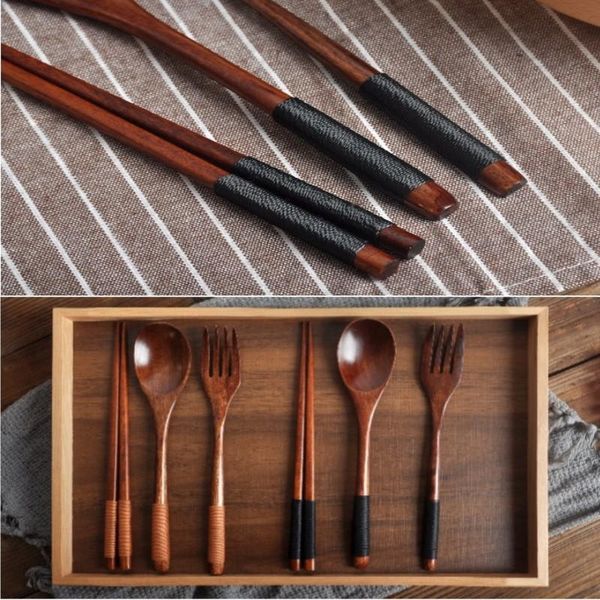 

home tableware fork spoon chopsticks 3-piece set wooden solid wood surface unique lacquer long handle kitchen dinnerware sets