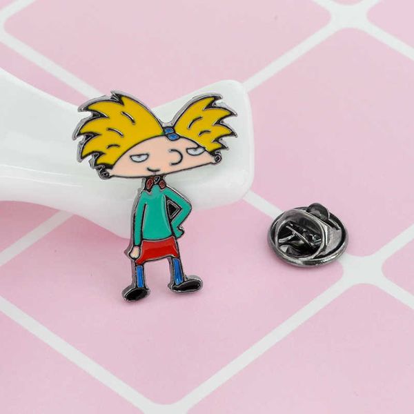 

cartoon character arnold yellow hair boy brooch cowboy jacket fashion accessories, Gray