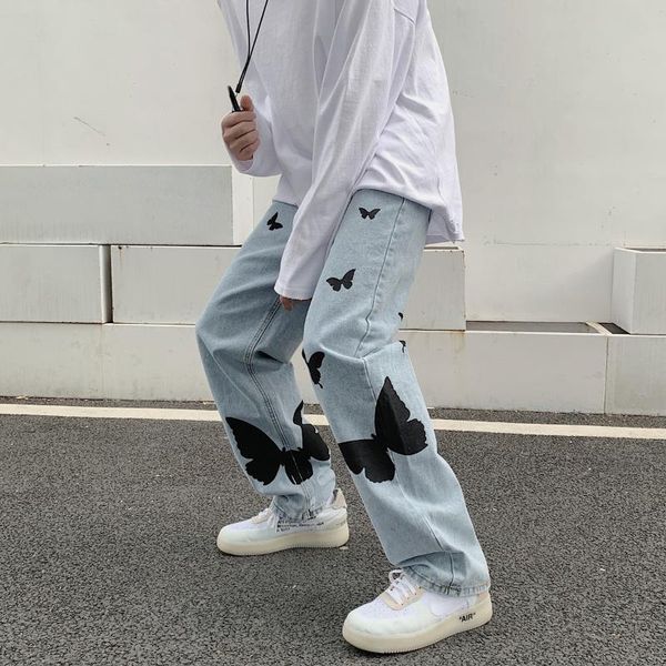 

men's jeans 2021 butterfly print for men loose straight casual denim pants fashion wide leg trousers streetwear women clothing, Blue