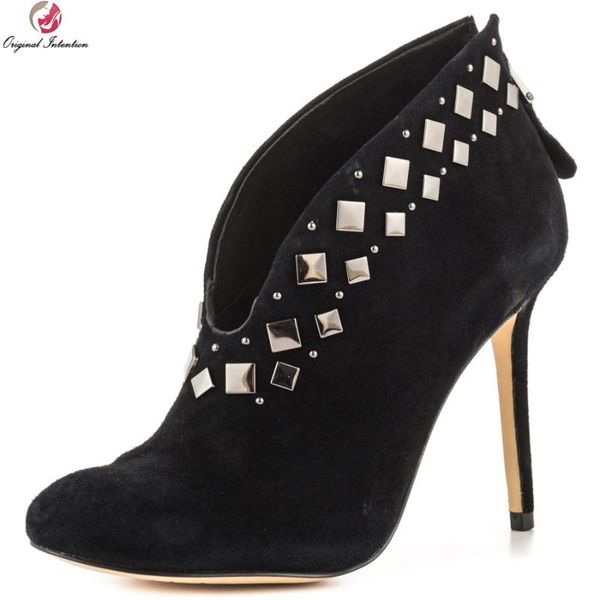 

boots original intention elegant women ankle rivets round toe thin high heels fashion black shoes woman plus us size 4-15