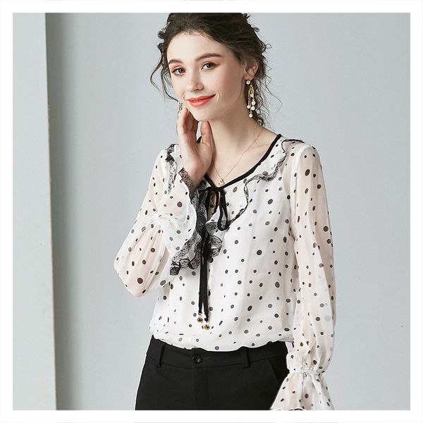

t shirts 2021 summer dot prints ruffled bell sleeve silk shirt women, White
