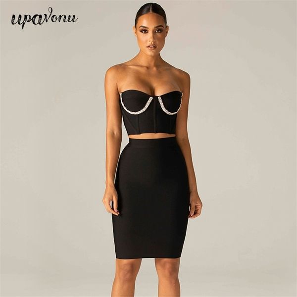 

women's bandage skirt set tube sleeveless halter diamond short & party two-piece 210524, White
