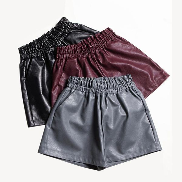 

women's shorts elastic high waist loose leather women england style wide leg black fashion autumn and winter, White;black