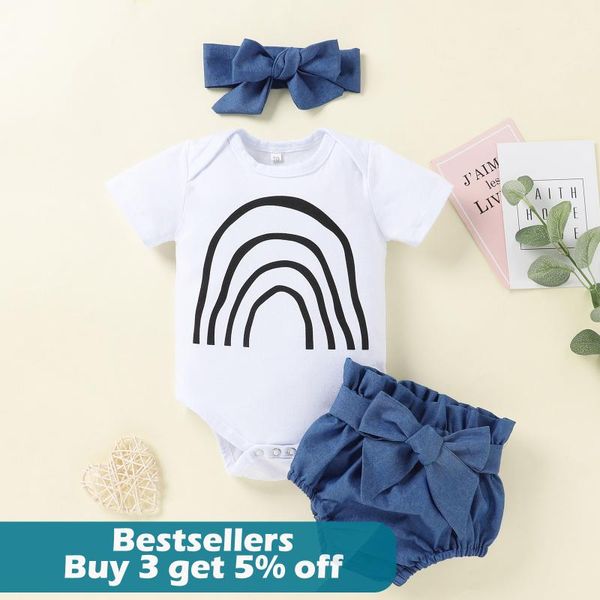 

3pcs born baby girl clothes set short sleeve rainbow print romper+denim bow pants+headband outfits infant clothing sets, White