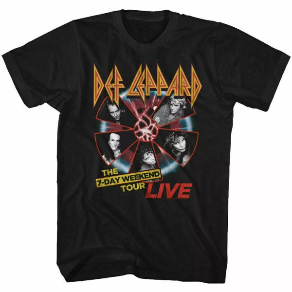 

def leppard 7 day weekend tour t shirt mens licensed rock band tee retro black, White;black