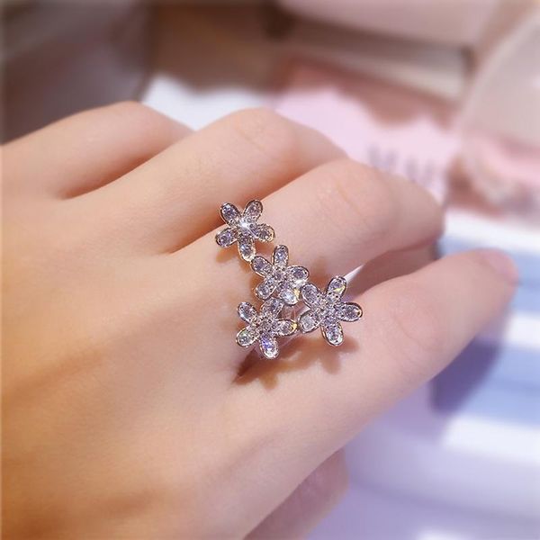 

cluster rings 925 sterling silver fashion flower engagement wedding ring anniversary gift high-end jewelry, Golden;silver
