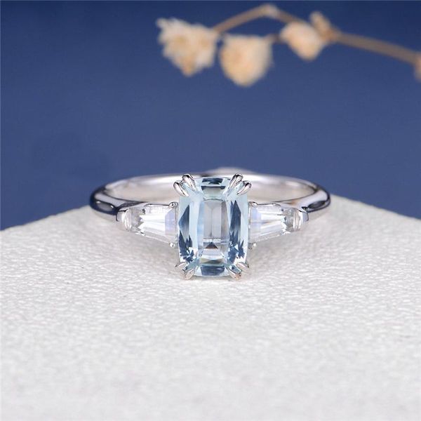 

cluster rings cxsjeremy natural aquamarine engagement ring 14k white gold three 3 stone antique cushion cut 6*8mm anniversary women jewelry, Golden;silver