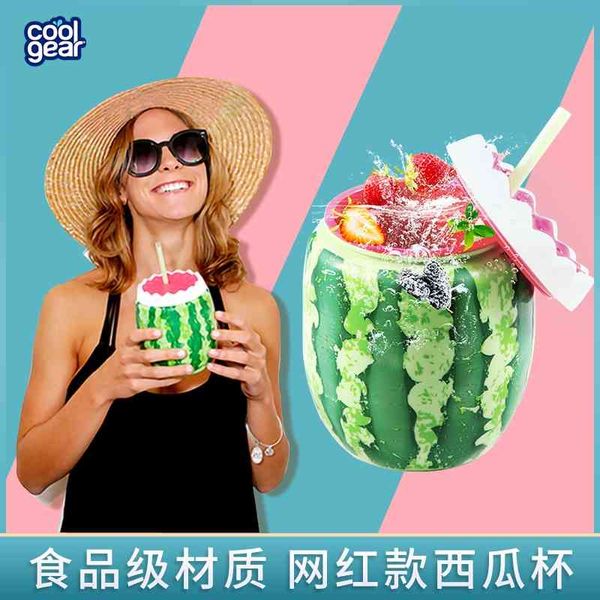 

watermelon plastic summer water cool kettle net red fruit creative gift double layer straw cup
