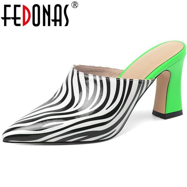 

dress shoes fedonas est leopard print women mules 2021 spring summer high heels pumps elegant patent leather pointed toe woman, Black