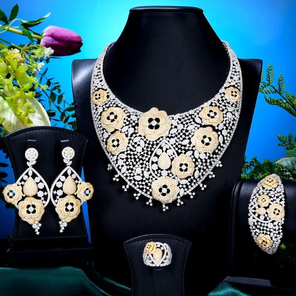 

earrings & necklace godki super big luxury 4pcs flowers africa cubic zirconia set jewelry sets for women wedding dubai bridal 2021, Silver