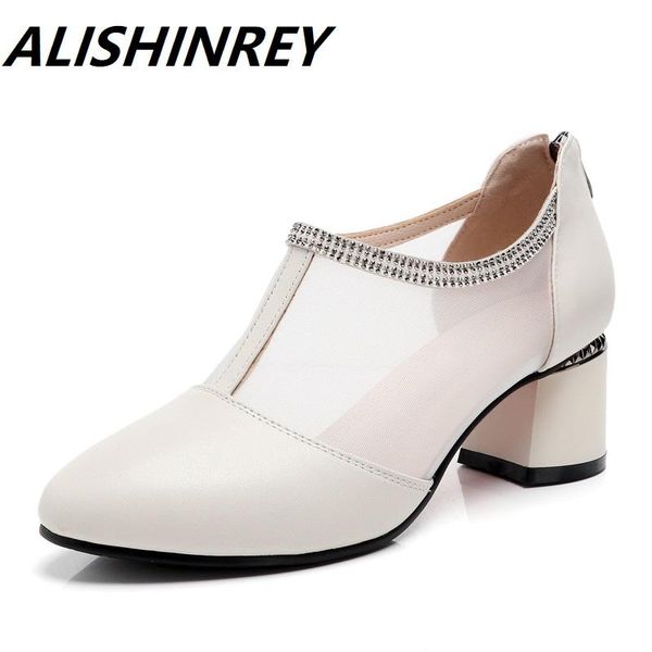 

dress shoes alishinrey 2021 spring summer women genuine leather fashion mesh pumps woman pointed toe cool square high heels large size, Black