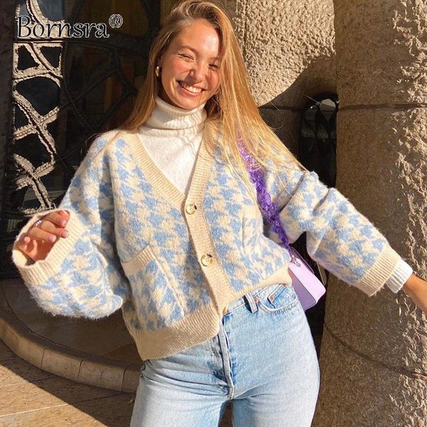 

women's sweaters bornsra knitted jacket women 2021 cardigan v-neck sweater casual plaid full oversized, White;black