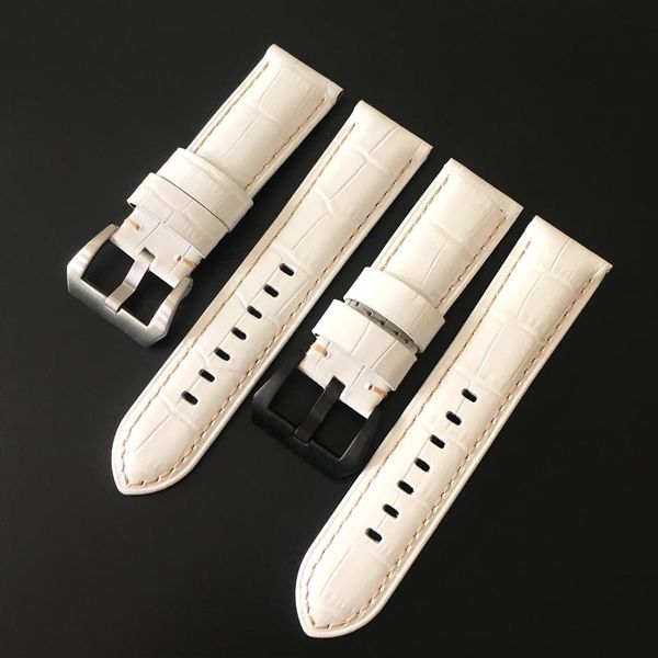

watch bands 24mm pearl white thick crocodile pattern genuine leather watchband strap replace for pam pam312 pam111 pam441bracelet belt, Black;brown