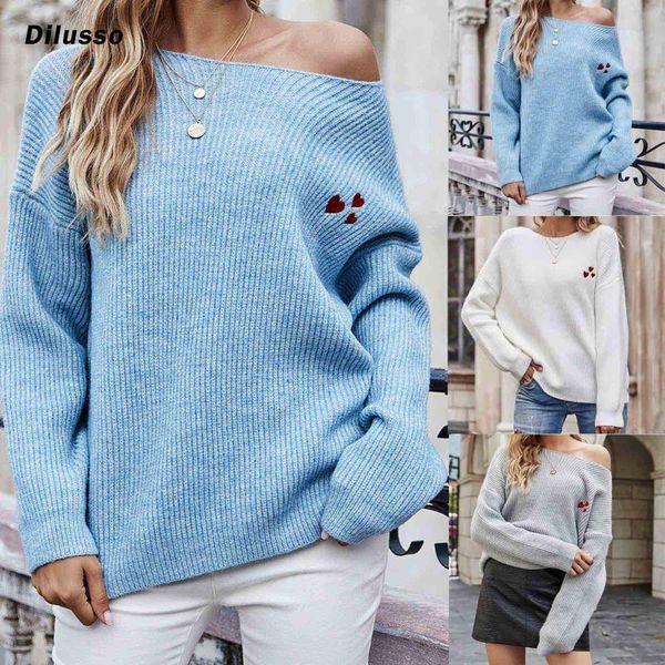 

women's sweaters fashion women solid off shoulder love embroidery causal loose knit sweater pullover ladies chic, White;black