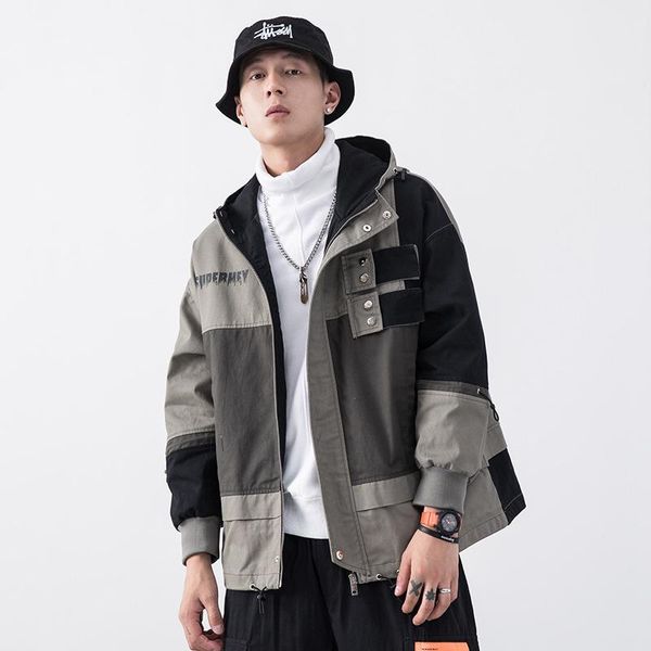 

men's jackets men hip hop streetwear hooded jacket patchwork zipper coat fashion cargo spring 2021 cooton casaco masculino, Black;brown