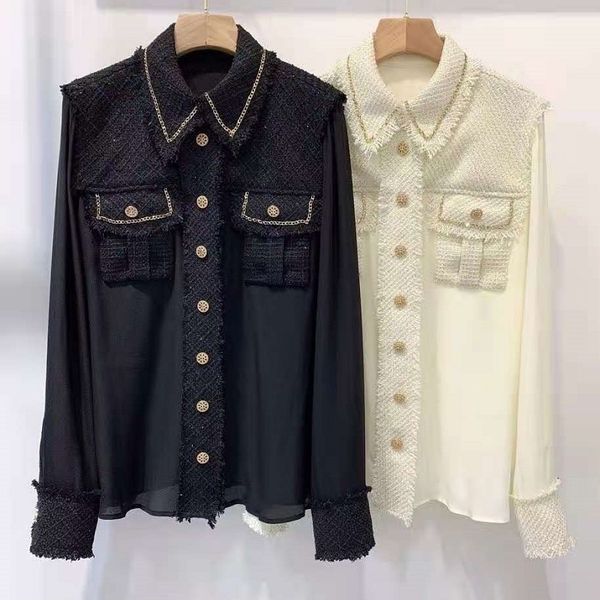 

skirts blouse shirts spring style women turn-down collar golden buttons front chest pocket deco long sleeve white black silk shirt