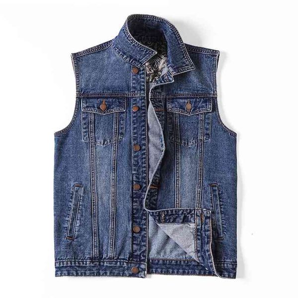 

men multi-pocket solid sleeveless denim jacket hip hop slim blue black cotton casual jeans vests waistcoats plus szie 6xl 7xl 210811, Black;brown