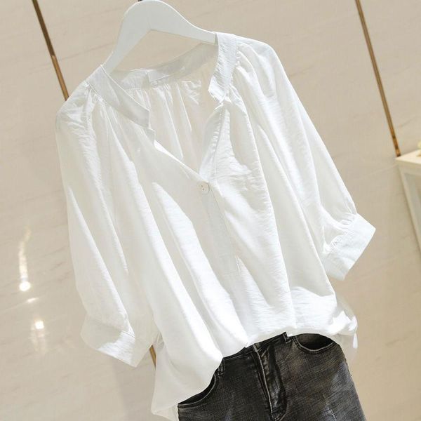 

summer women shirt plus size loose casual v-neck white blouse cotton female half sleeve solid and blouses lady clothes d77 women's & s