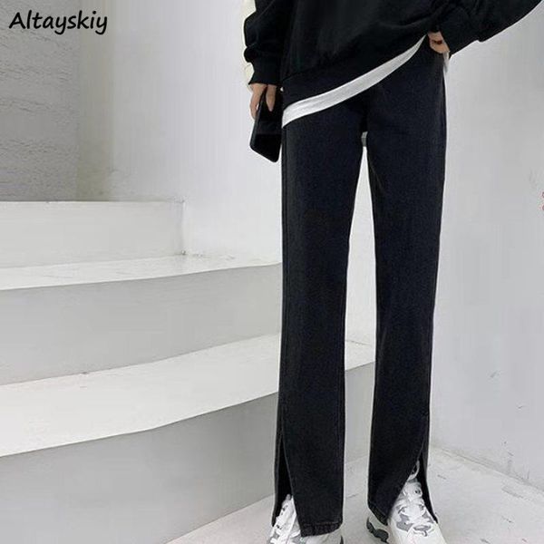 

women's jeans women trendy side slit full-length straight trousers high waist slim workout basic ulzzang casual denim solid colors chic, Blue