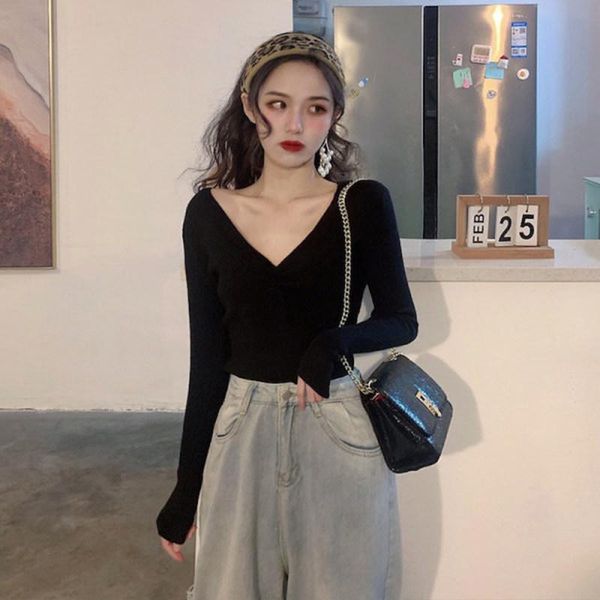 

women's sweaters 2021 chic folds v-neck autumn winter pullovers female solid slim knitted ribbed sweater badycon basic bottomed shirt j, White;black