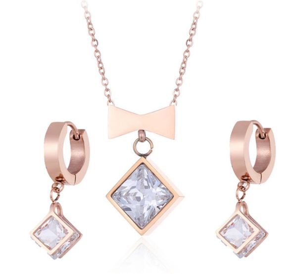

earrings & necklace 316l stainless steel bowknot square zircon earring set titanium rose gold inlaid crystal jewelry no fade, Silver