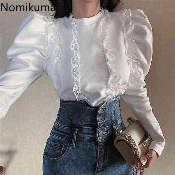 

nomikuma new o-neck puff long sleeve sweater korean lace ruffle patchwork pullover autumn winter women baisc 6d441 210427, White;black