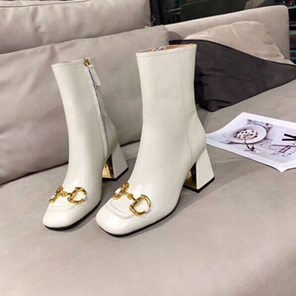 

fashion women designer boots square toe side zipper .5cm chunky heels real leather metal buckle martin booties white black size 35-41
