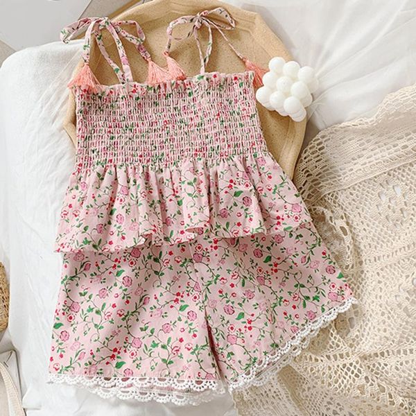 

girls set summer floral suit suspender shorts 2pcs kids clothing sets children's, White