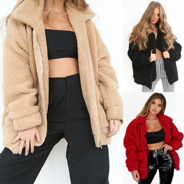 

women's jackets women teddy bear pocket thicken fleece jacket coat zipper winter warm outwear uk, Black;brown