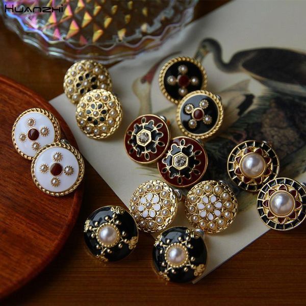 

stud s925 vintage enamel zircon pearl flower geometric round earrings for women girls travel party jewelry huanzhi 2021, Golden;silver