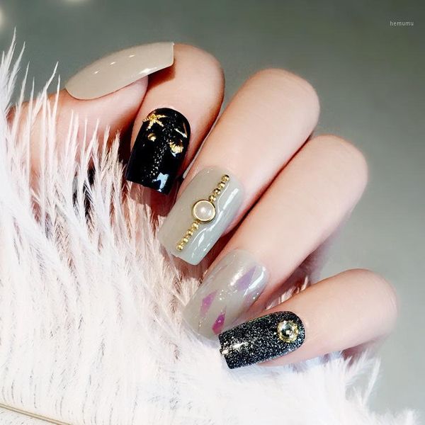 

women korean style full cover fake nail 3d rivet art tips with glue shining rhinestone false1, Red;gold