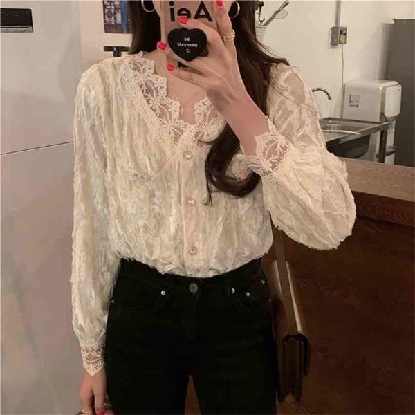 

women sweet chic lace patchwork blouse solid femme gentle shirts office lady long sleeves retro streetwear 210525, White