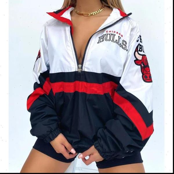 

women sweatshirt white black spliced vintage letter print brand design loose oversized zip up collar casual girls streetwear