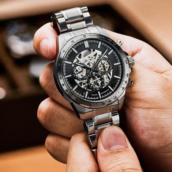 

wristwatches ailang men's mechanical hollow luxury automatic stainless steel luminous waterproof calendar week brand men watches 8827b, Slivery;brown