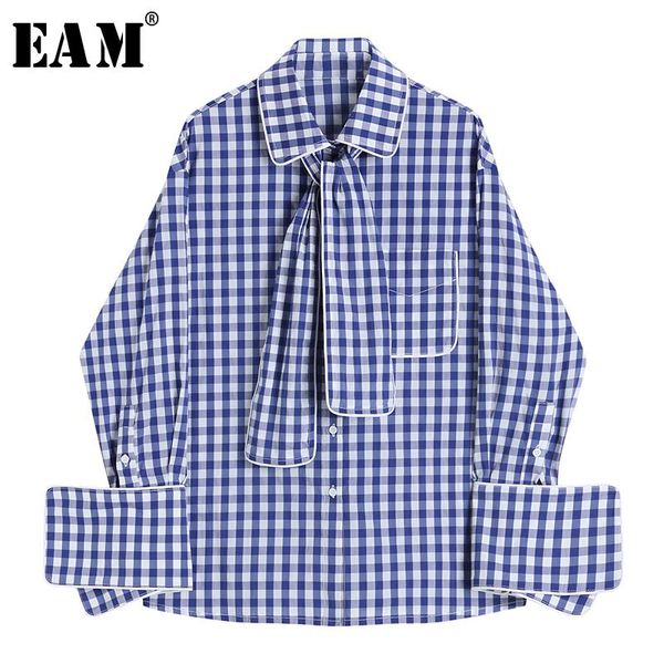 

women's blouses & shirts [eam] women blue plaid split big size blouse lapel long sleeve loose fit shirt fashion tide spring summer 2021, White