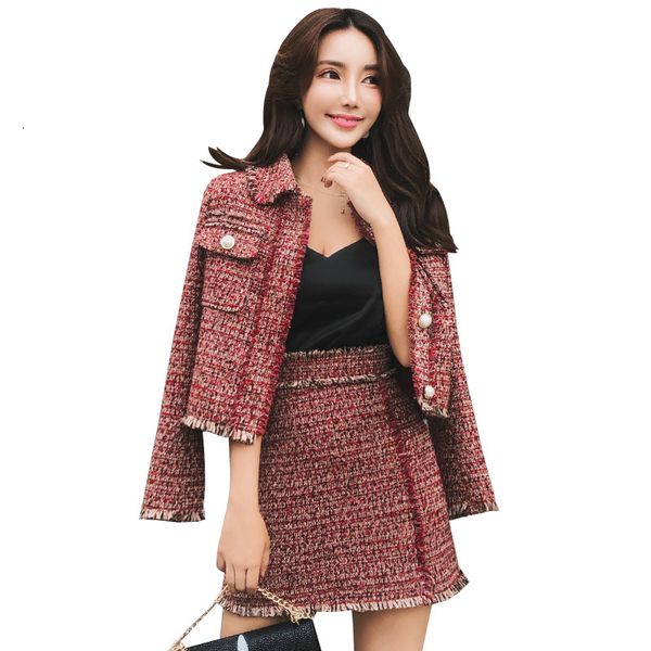 

vintage autumn tweed 2 feminine ensemble long sleeve jacket and skirt high waist women's clothing 4ybb, Black