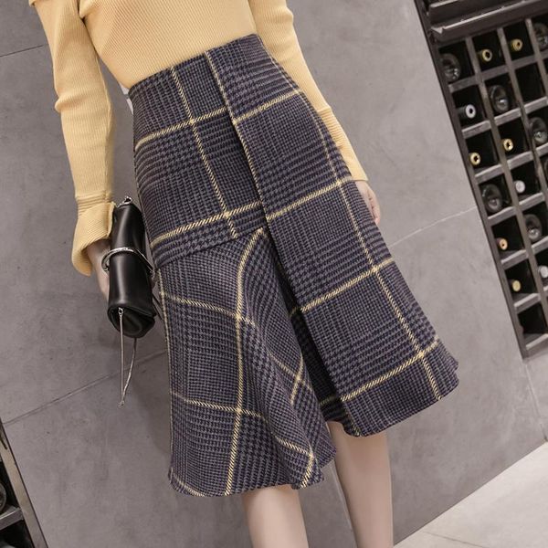 

skirts vintage women 2021 spring autumn winter korean fashion thin plaid high waist irregular cloth long female f0394, Black