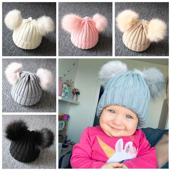

caps & hats cute baby boy hat double pompom winter beanie furry balls kids girls knitted cap casual solid color beanies, Yellow