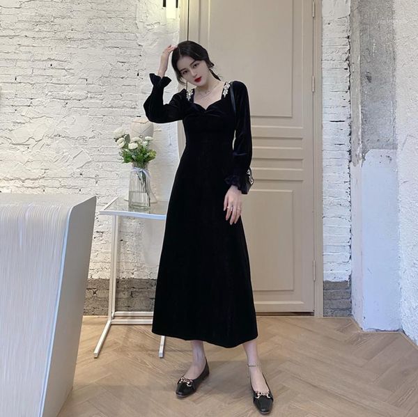 

elegant black bling diamonds velvet dresses women long sleeve square collar party dress autumn vestidos m081 casual, Black;gray