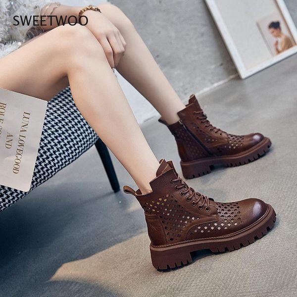 

boots 2021 short women solid colour summer thin flat shoes mesh hollow cowhide sandals women's thick bottom, Black