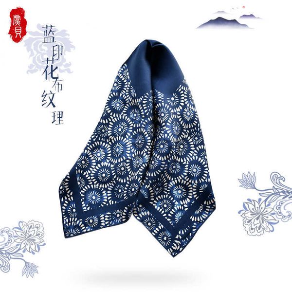 Chinês estilo azul marinho natural lenço de seda mulheres impresso flor 100% real sarja de seda 50cm pequeno quadrado envoltório de luxo presente q0828