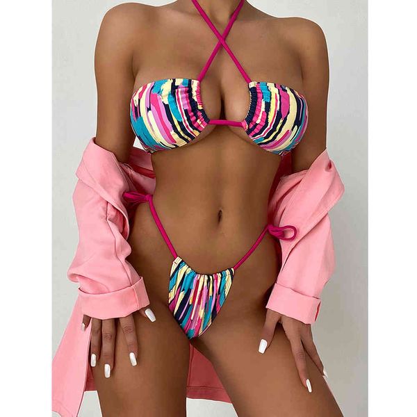 Sexy Halter Bikini Bikini Swimwear Mulheres Swimsuit Feminino Colorido Colorido Impressão Set Bathher Bathing Suits Summer Summer Beach Wear 210521