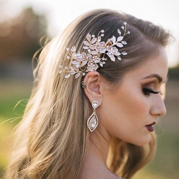 

hair clips & barrettes trendy light rose gold wedding clip rhinestone bridal comb barrette handmade flower head pieces for women hairpins, Golden;silver