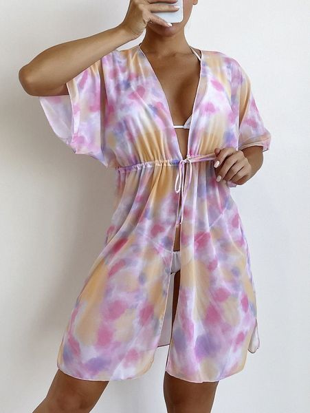 

tie dye tie front kimono 24qm#, White;black