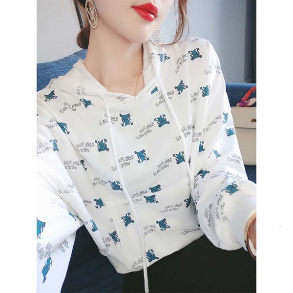 

temperament printed hooded sweater women's year casual loose and versatile long sleeve chic early autumn wear, Black